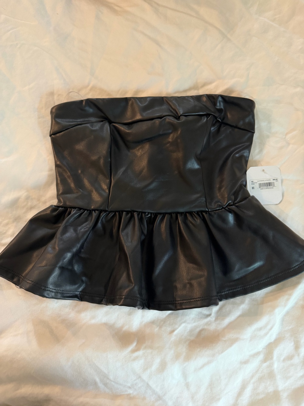 Altar'd State Black Faux Leather Strapless Peplum Top